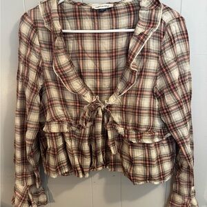 American Eagle Outfitters Plaid Ruffle Blouse - Red and Cream